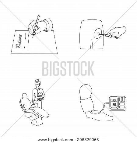 Intramuscular injection, prescription, Dentist, blood pressure measurement. Medicineset collection icons in outline style vector symbol stock illustration .