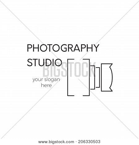 Vector thin line icon, camera silhouette. Logo template illustration for photographer, photography studio, shop or school. Black on white isolated symbol. Simple mono linear modern design.