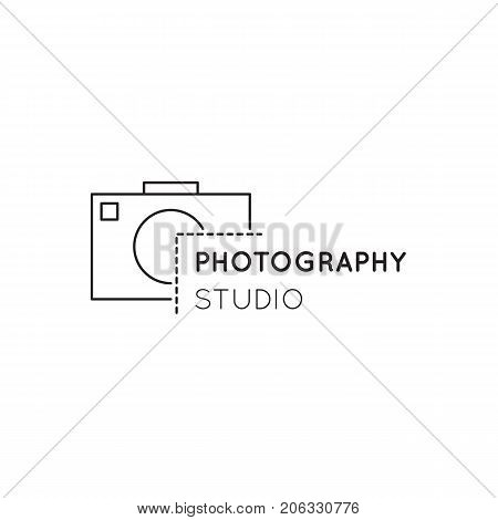 Vector thin line icon, camera silhouette. Logo template illustration for photographer, photography studio, shop or school. Black on white isolated symbol. Simple mono linear modern design.