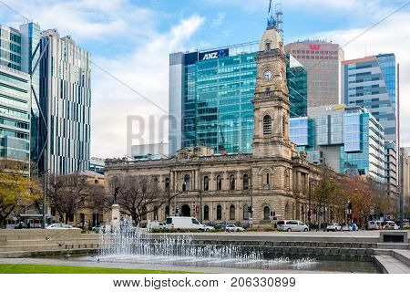 Adelaide Australia - June 28 2017: Victoria Square viewed from South to North with office buildings and traffic at morning time