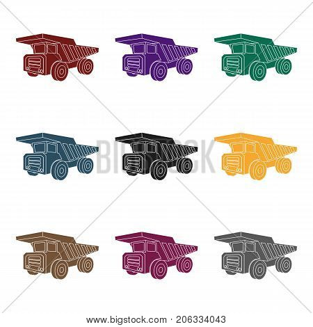 Yellow dump truck with black wheels.The vehicle used for transportation of minerals at the mine.Mine Industry single icon in black style vector symbol stock web illustration.