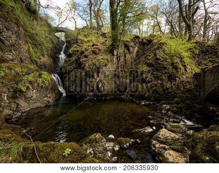 A view of the Aira Force waterfall near Ullswater in the English Lake District.
