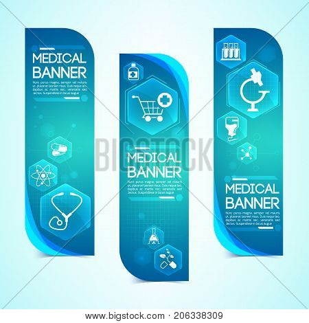 Medical blue vertical banners set with medicine and healthcare symbols flat isolated vector illustration