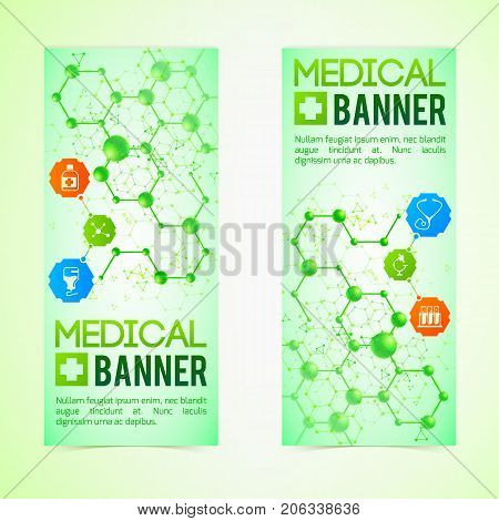Medicine and diagnosis vertical banners set with science symbols realistic isolated vector illustration