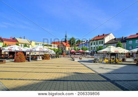 CHRZANOW POLAND - AUGUST 19 2017: Market in the city center of Chrzanow Poland.