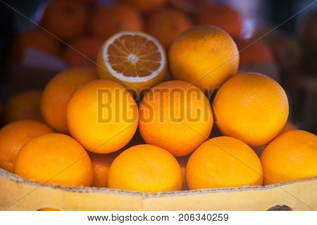 Organic oranges at the shop, farmer market.