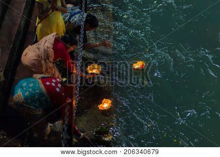 Haridwar, India - March 20, 2017:  Holy Ghats At Haridwar, India, Sacred Town For Hindu Religion. Pi