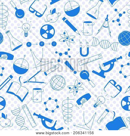 Seamless pattern on the theme of science and inventions diagrams charts and equipment a blue silhouettes of icons on the background of polka dots