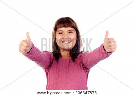 Adorable girl saying Ok isolated on a white background