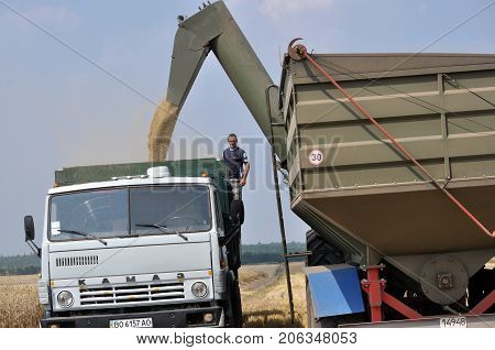 Chortkiv - Ternopil - Ukraine - July 26 2016. Unloading grain from hopper-conveyors on truck at the edge of the field in the agricultural firm 