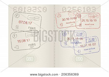 Passport pages with international stamps. Vector 3d illustration isolated on white background