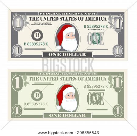 USA banking currency, cash symbol 1 dollar bill. Money set, paper banknotes one dollar with Santa Claus. Christmas vector for sale. Suitable for discount cards, leaflet, coupon, flyer, vouchers.