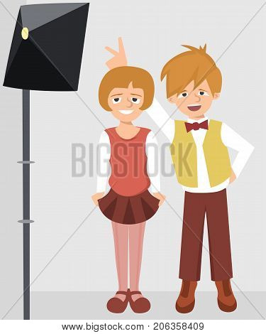 brother and sister posing for photographer - funny vector cartoon illustration