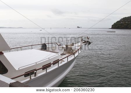 View of prow yacht and ocean background.