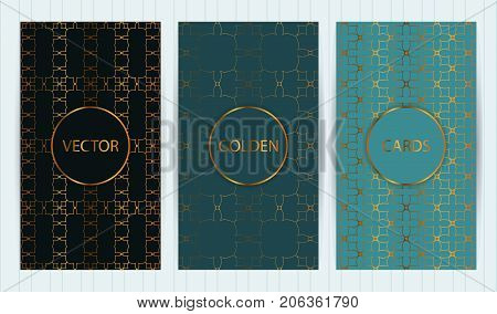Set Of Cards In Golden Color On Colorful Backgrounds. Vector Business Templates For Restaurant Menu,