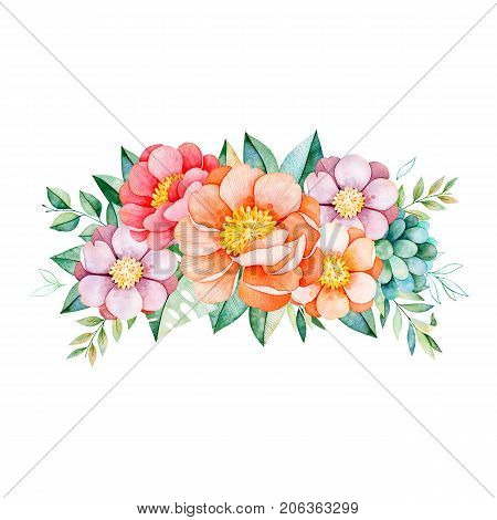 Handpainted watercolor peonies, flowers, succulents,branch and leaves.