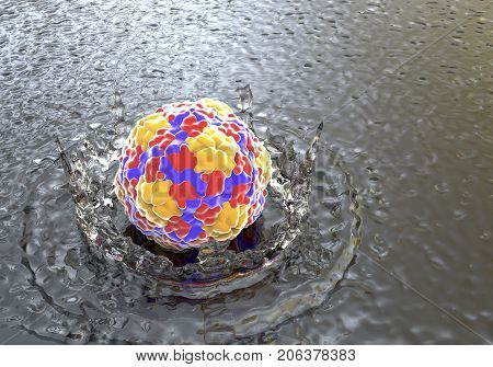 Waterborne viruses, conceptual image. 3D illustration showing Hepatitis A virus dropped into water