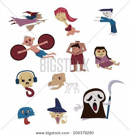 Set of Halloween characters Vector dog skeleton death witch headless ghost from many culture