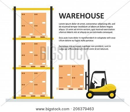 Warehouse background template. Large storage of merchandise, forklift loading boxes. Vector flat style cartoon illustration isolated on white background