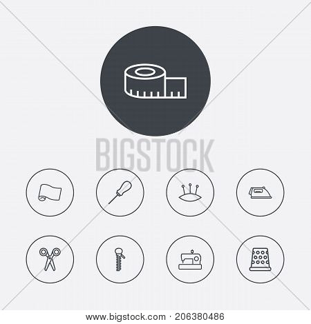 Collection Of Sewing, Pincushion, Awl And Other Elements.  Set Of 9 Tailor Outline Icons Set.
