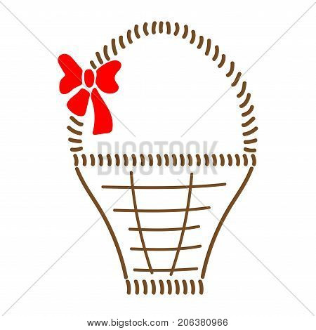 Basket with braid sign. Image of handmade weave. Color icon isolated on black background. Decorative wicker basket with red bow for gift. Logo for invitation or celebration. Stock vector illustration
