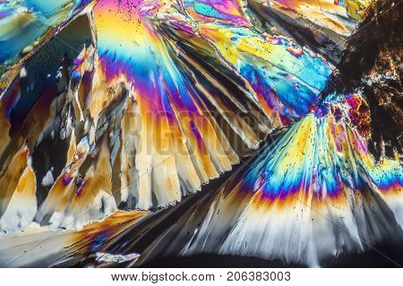 colorful microscopic shot of Trisodium citrate microcrystals in polarized light