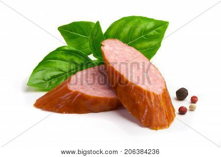 Smoked Sausages With Basil And Spices, Isolated On White Background
