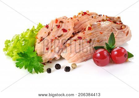 Pork stew with herbs on white background