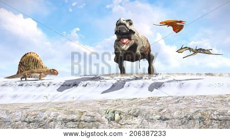 Velociraptor and pterodactyl 3d rendering