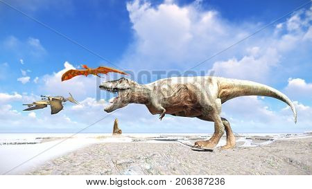 Velociraptor and pterodactyl 3d rendering