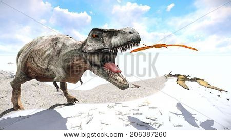 Velociraptor and pterodactyl 3d rendering