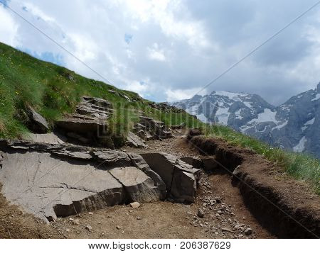 Mountain traill in Dolomites mountains - Italy.