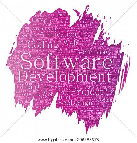 Conceptual software development project coding technology paint brush word cloud isolated background. Collage of application web design, seo ideas, implementation, testing upgrade concept