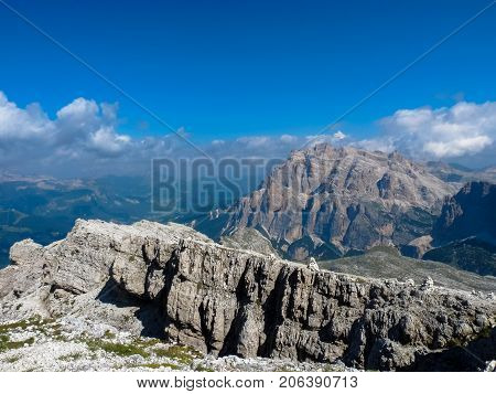 View from Lagazuoi in Dolomites mountains Italy