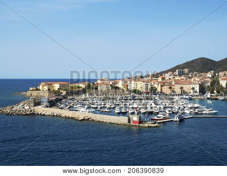 Ajaccio harbor with moored yachts and pleasure boats Corsica island France