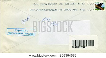 GOMEL, BELARUS - AUGUST 12, 2017: Old envelope which was dispatched from Canada to Gomel, Belarus, August 12, 2017. 
