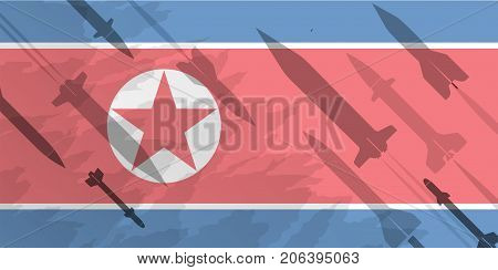 Silhouettes of rocket against the background of the flag of North Korea. Military background. Conflict in Asia