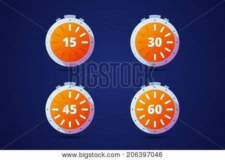 Set of round timers, preloaders. From 15 to 60 minutes or seconds. Vector illustration.