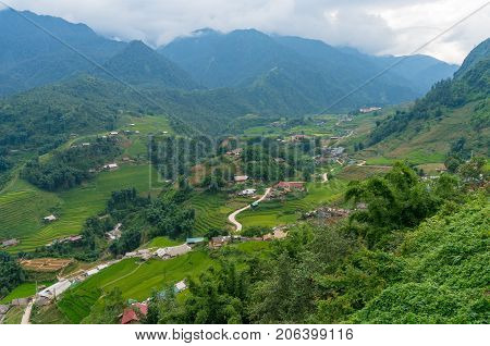 Muong Valley Landscape With Villages And Rice Terraces
