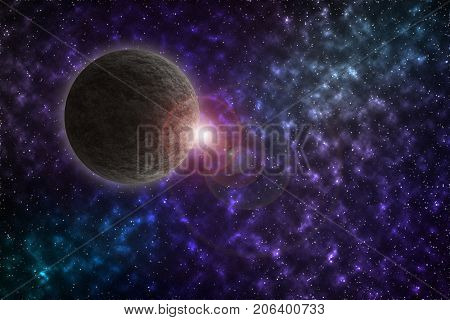 Colorful starry sky. A planet around the cosmos. Dead planet. Bleak