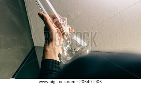 Glass Bongs For Smoking Weed Close-up Soft Focus. Smoking Accessories Marijuana