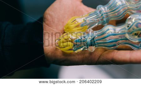 Glass Bongs For Smoking Weed Close-up Soft Focus. Smoking Accessories Marijuana