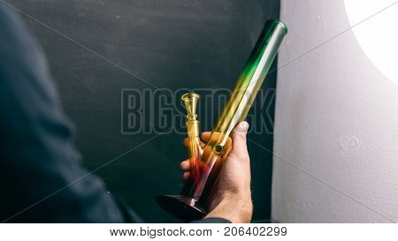 Glass Bongs For Smoking Weed Close-up Soft Focus. Smoking Accessories Marijuana