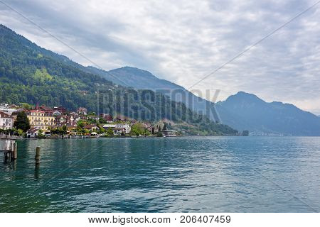 Vitznau Switzerland - June 14 2017: Beautiful view on the lake Luzern nearby city of Vitznau at morning time. Switzerland