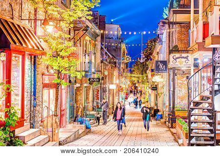 Quebec City, Canada - May 31, 2017: Lower Old Town Street Rue Du Petit Champlain With People Walking