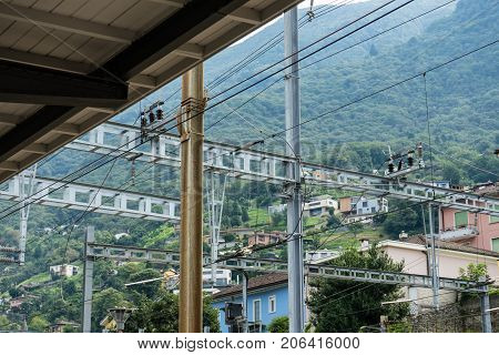 trainstation roof abstract view with installations and cables architecture retro railway