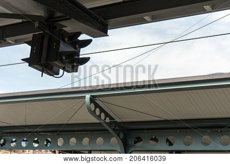trainstation roof abstract view with installations and cables architecture retro railway