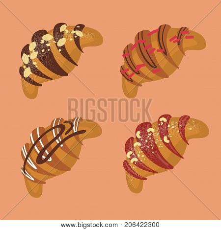 set of 4 croissants with cream, chocolate and various ingredients on peach background