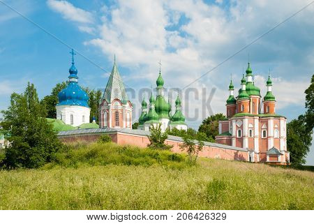 Gustynsky monastery complex. Panorama of Gustyn Holy-Trinity Monastery. Convent Monastery, on a sunny day, Ukraine, Chernigov region