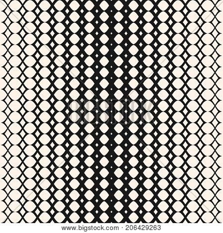 Halftone mesh pattern. Vector monochrome texture, geometric halftone seamless pattern with mesh, lattice, net. Stylish abstract background with gradient transition effect. Curved lines, repeat tiles. Design for decor, prints, textile. -
Stock vector